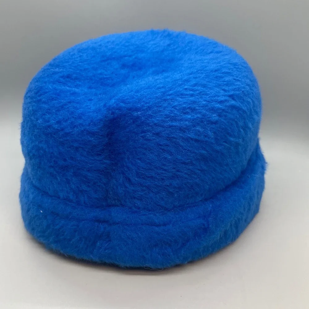 Vintage Electric Blue Fuzzy Wool Pillbox Hat Mauve Satin Bow Mid Century Modern